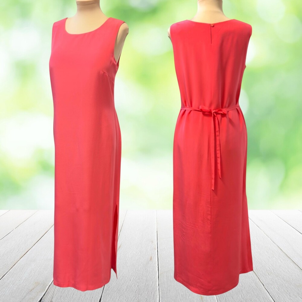 MAGGY LONDON Silk Maxi Dress Coral Side Slits Party Event Vintage Size 14 90s